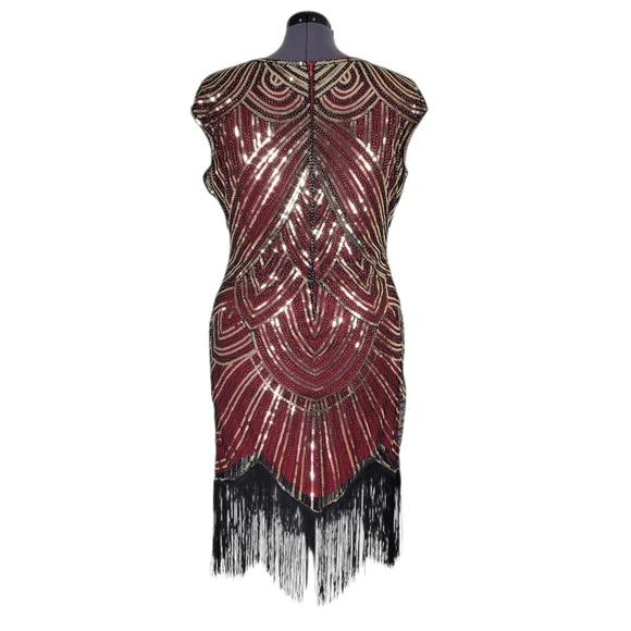 Fundaisy Dress Plus Size 3XL Red Black Mesh Gold Sequins Fringe Gatsby Flapper - Picture 6 of 11